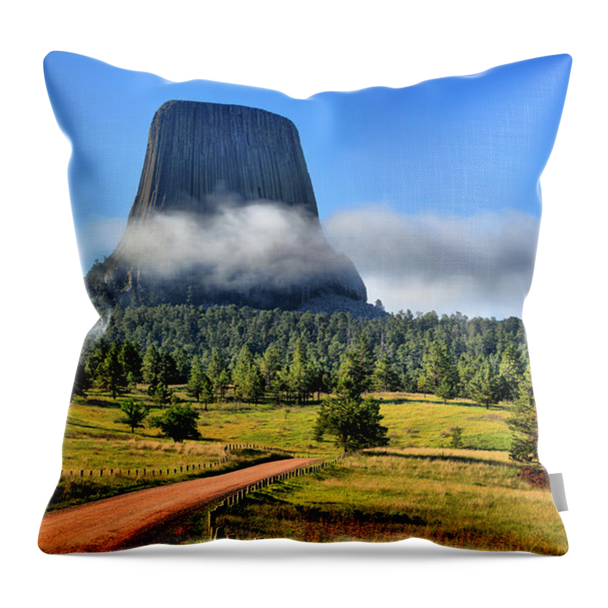 Devils Tower Throw Pillow featuring the photograph Fog Around The Tower by Adam Jewell