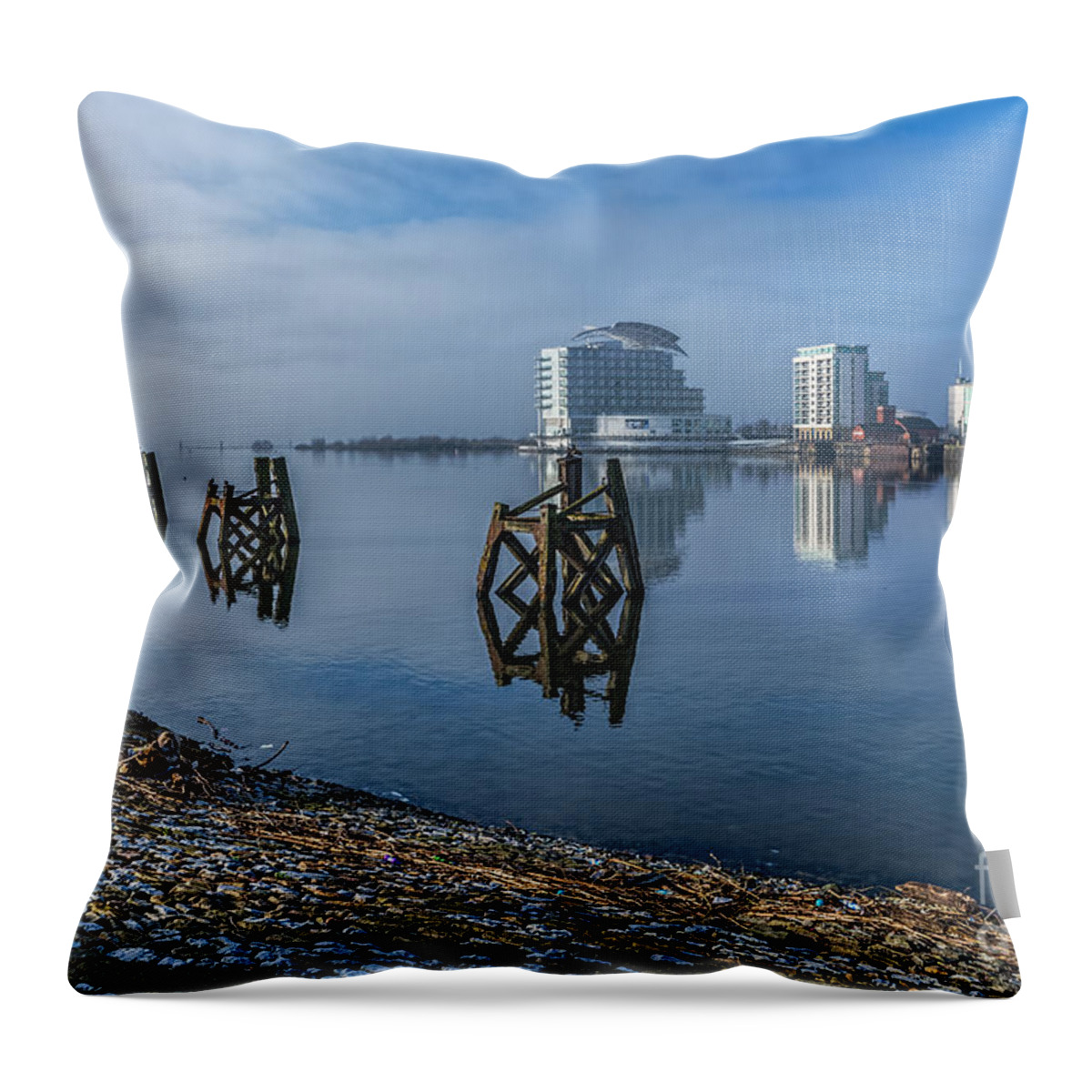 Cardiff Bay Throw Pillow featuring the photograph Fog In The Bay 1 by Steve Purnell