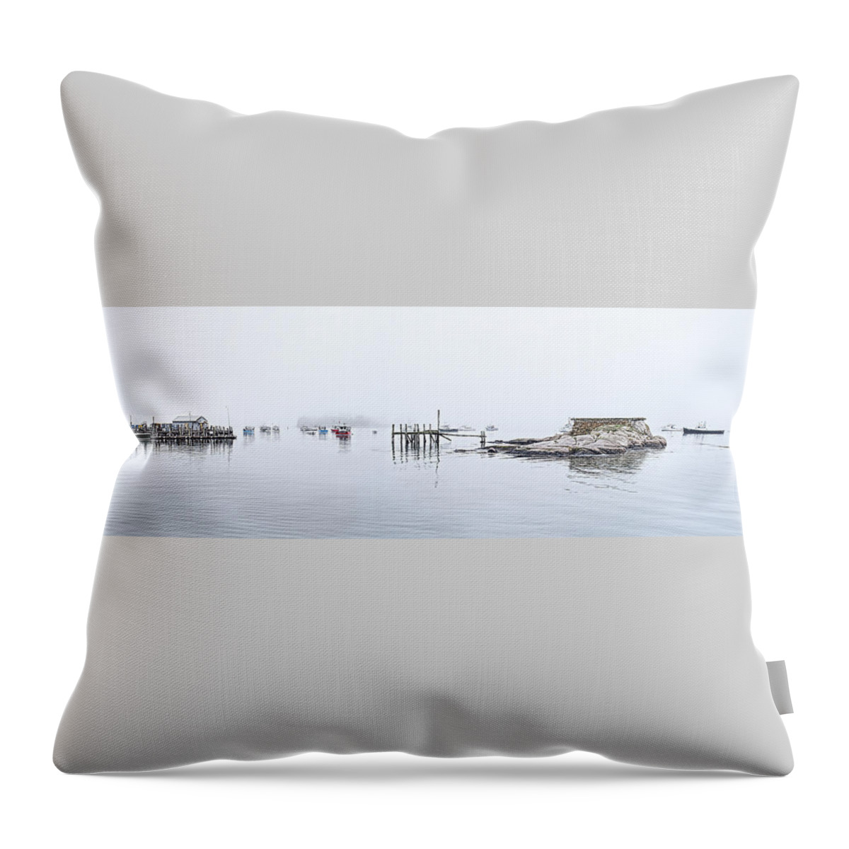 Fog Lifting Throw Pillow featuring the photograph Fog Lifting Stonington Harbor Panorama by Marty Saccone