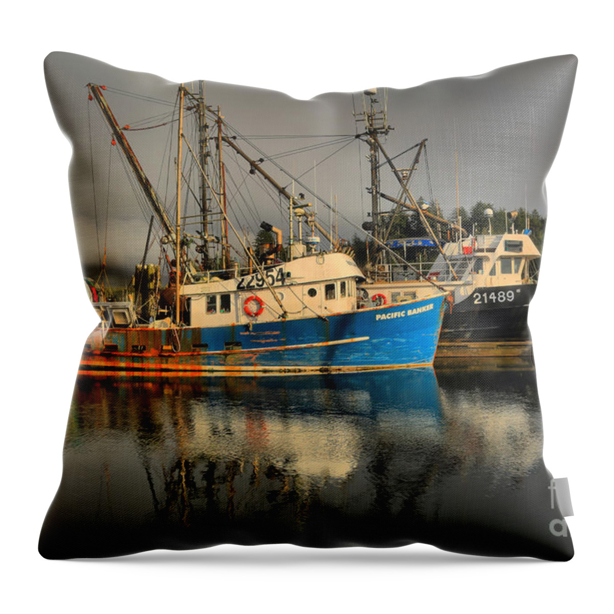 Commercial Fishing Throw Pillow featuring the photograph Fog Over Ucluelet Fishing Port by Adam Jewell