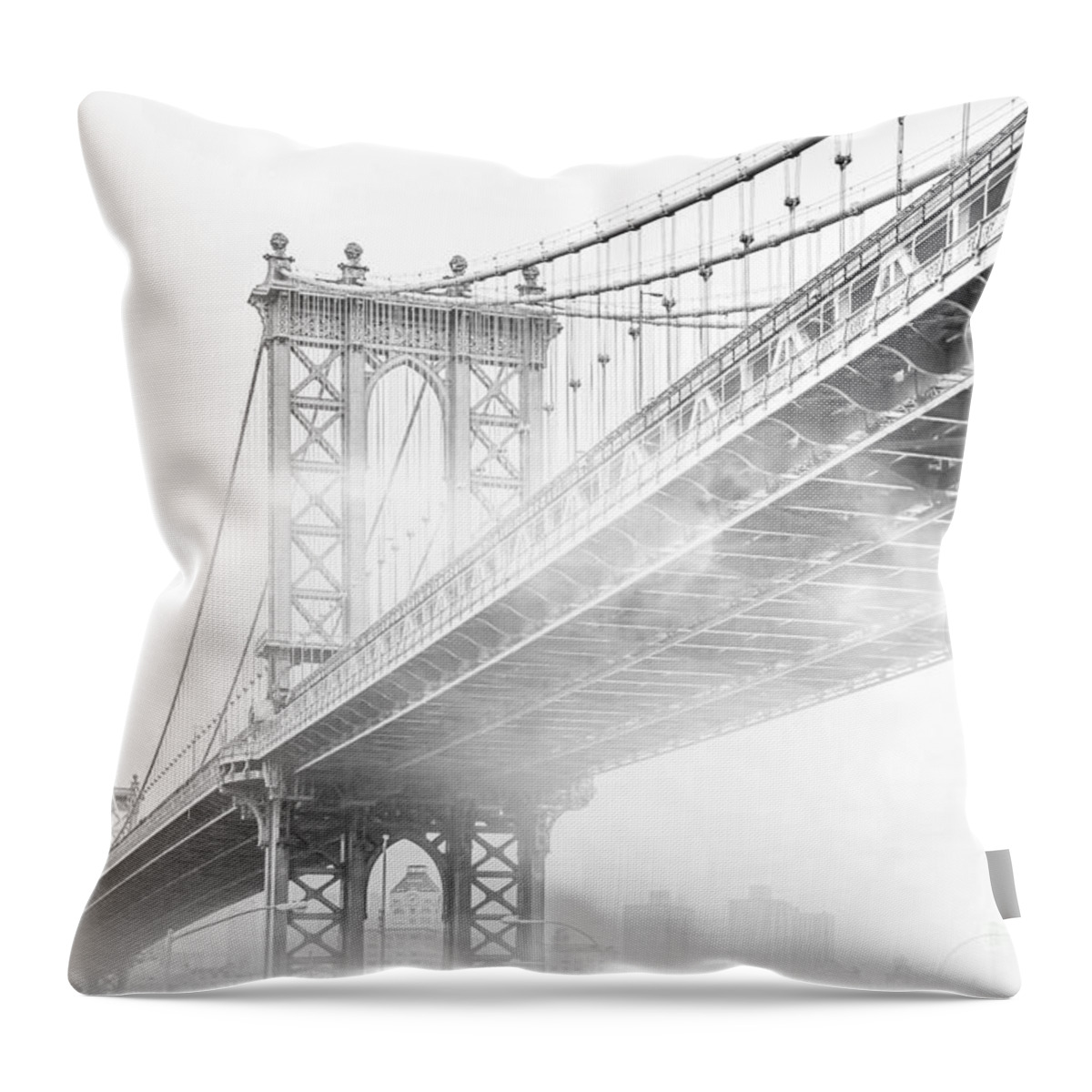 Manhattan Bridge Throw Pillow featuring the photograph Fog Under The Manhattan BW by Az Jackson
