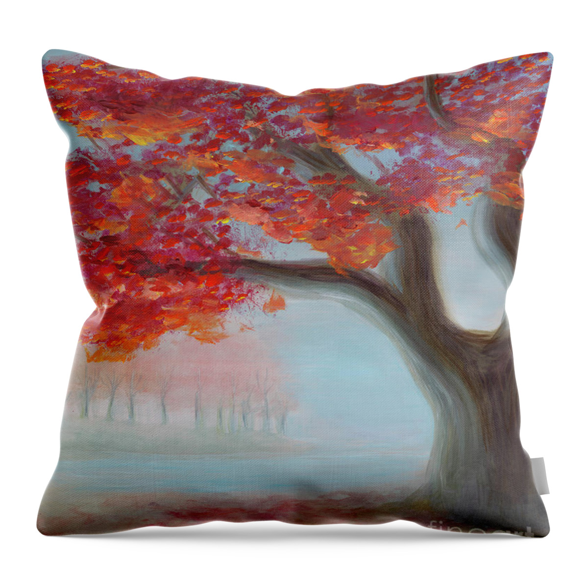 Rebecca Throw Pillow featuring the painting Foggy Autumn by Rebecca Parker