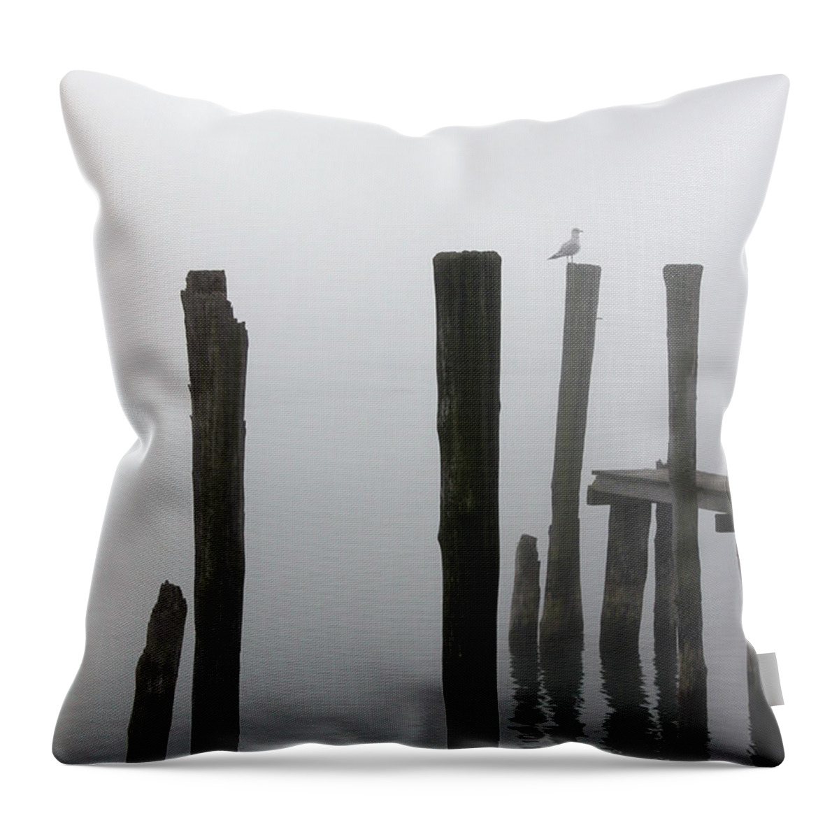Pilings Throw Pillow featuring the photograph Foggy Dock with Gull 53 by Mary Bedy