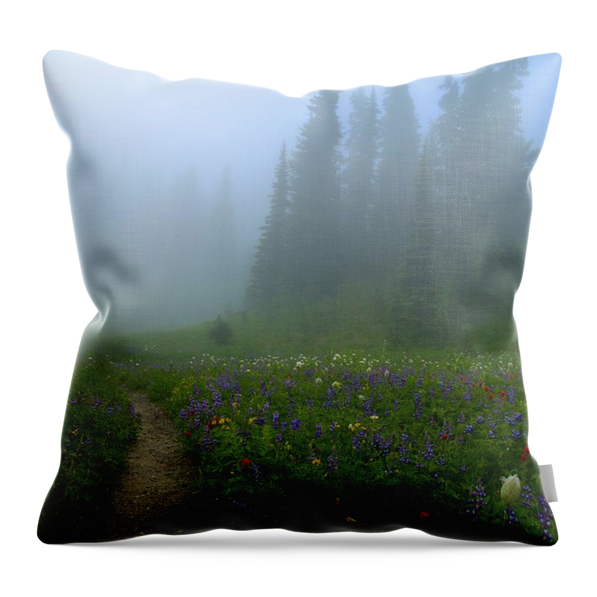 Foggy Morning At Tipsoo Throw Pillow featuring the photograph Foggy morning at Tipsoo by Lynn Hopwood