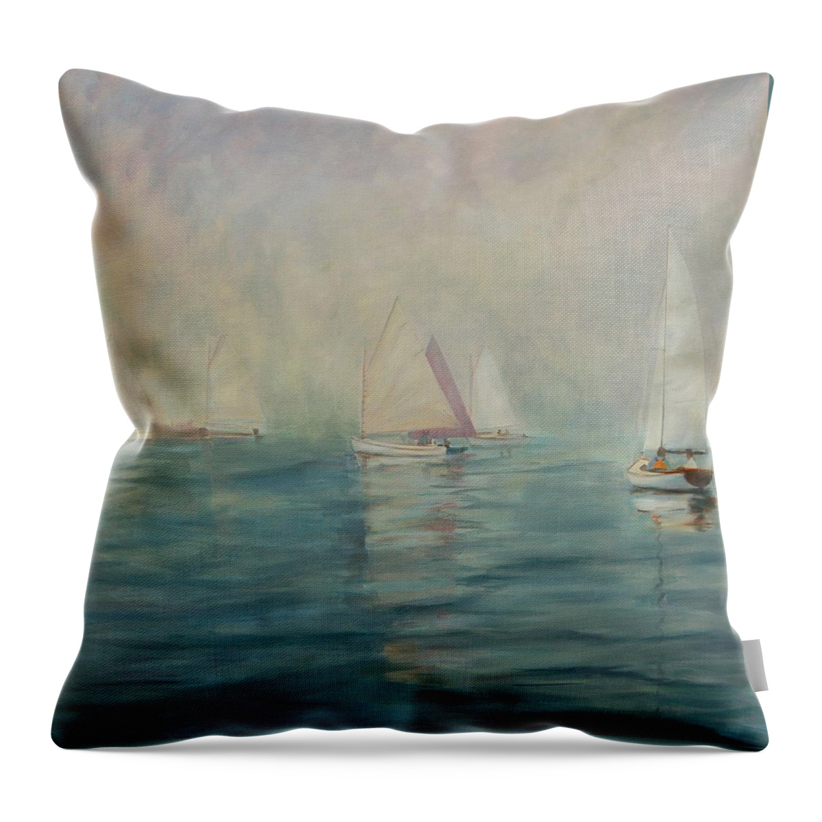 Catboats Throw Pillow featuring the painting Foggy Racers by Barbara Hageman
