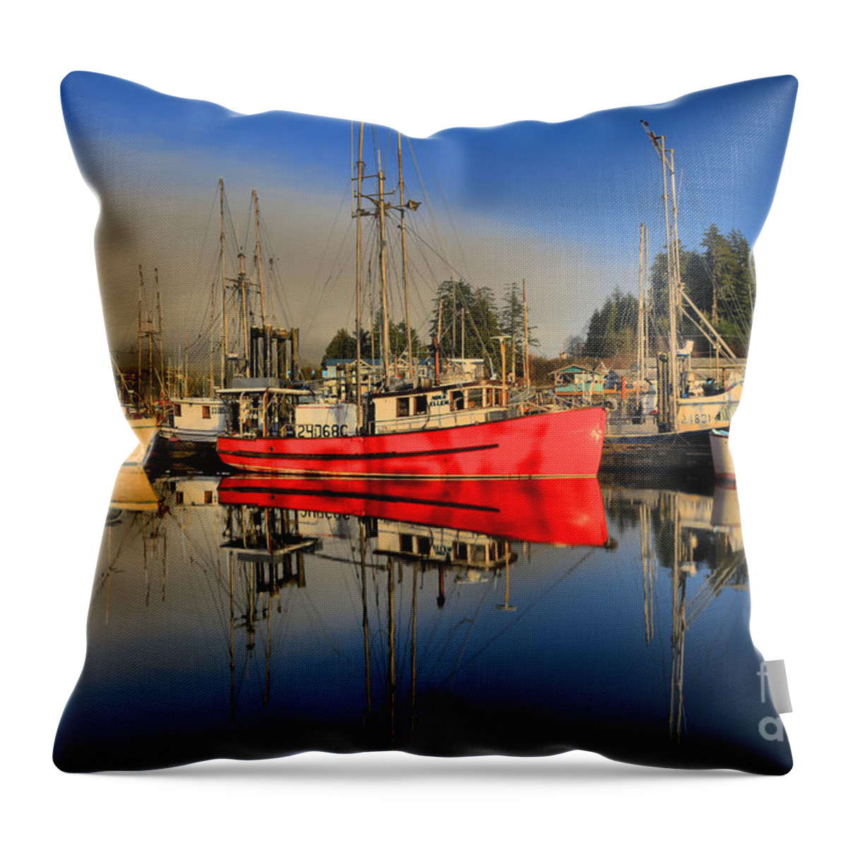 Commercial Fishing Throw Pillow featuring the photograph Foggy Ucluelet Port by Adam Jewell