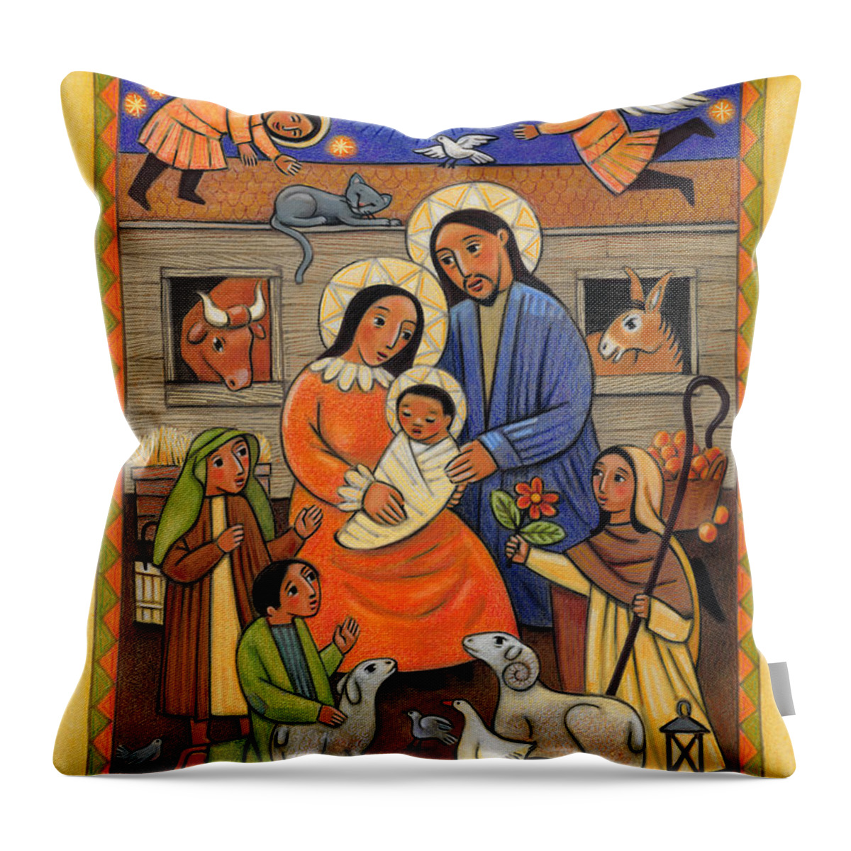 Folk Nativity Throw Pillow featuring the painting Folk Nativity - JLFON by Julie Lonneman