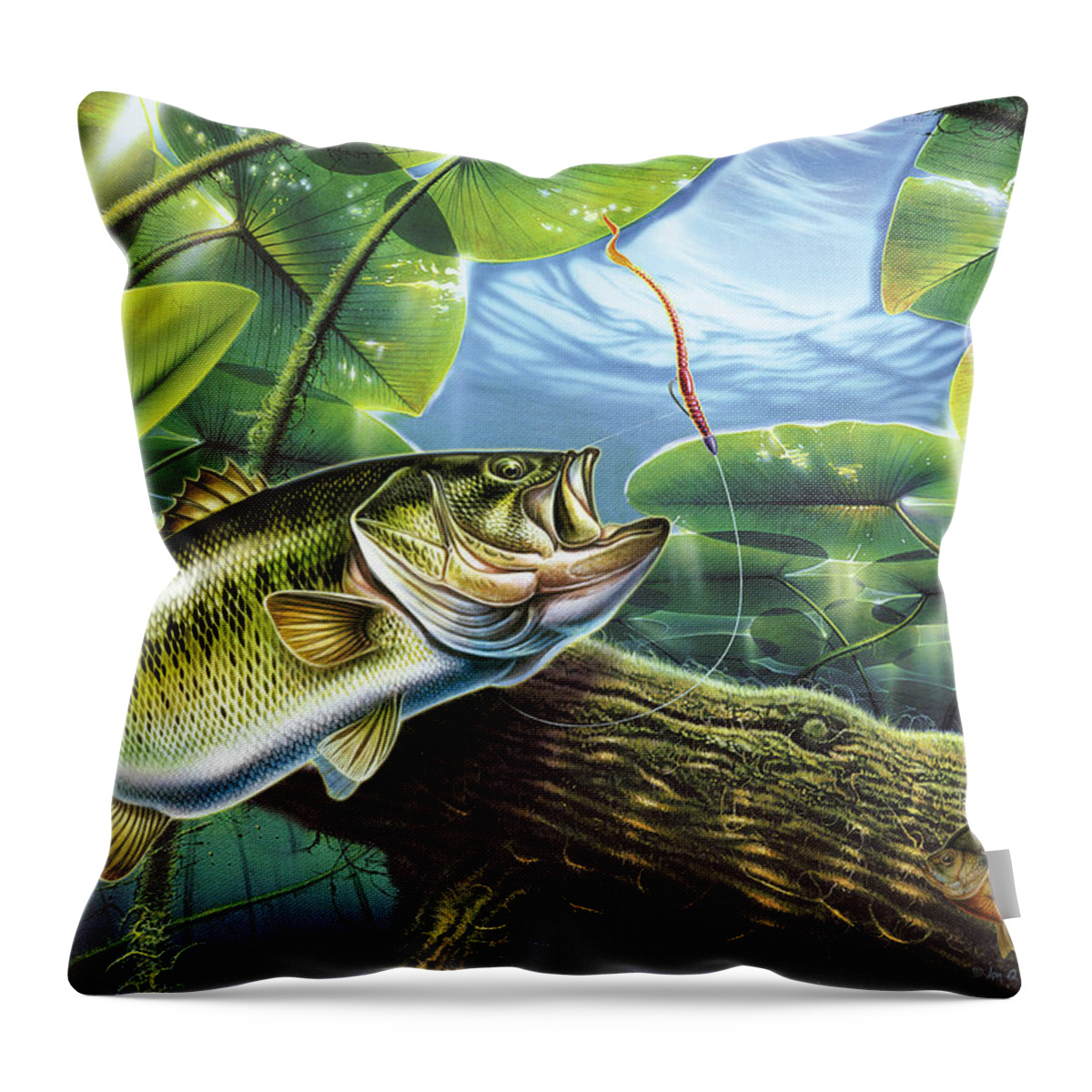 Jon Q Wright Fish Fishing Bass Largemouth Lure Lily Pads Lake Angling Bluegill Log Underwater Throw Pillow featuring the painting Fooled Again Bass II by JQ Licensing