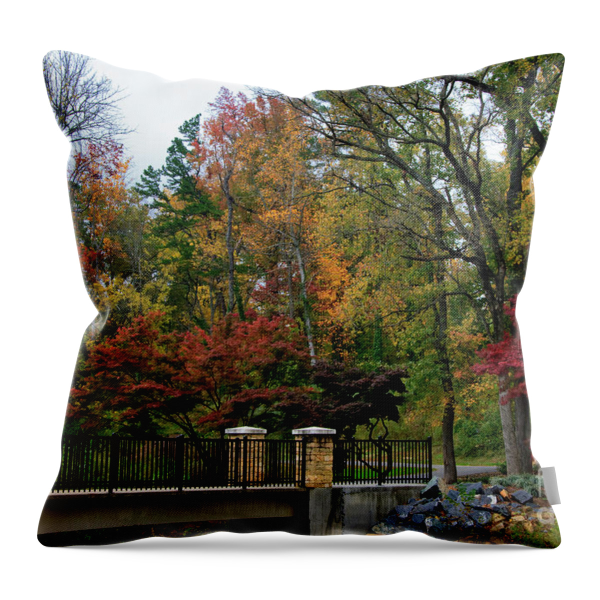 Freedom Park Bridge Throw Pillow featuring the photograph Foot Bridge in the Fall by Jill Lang