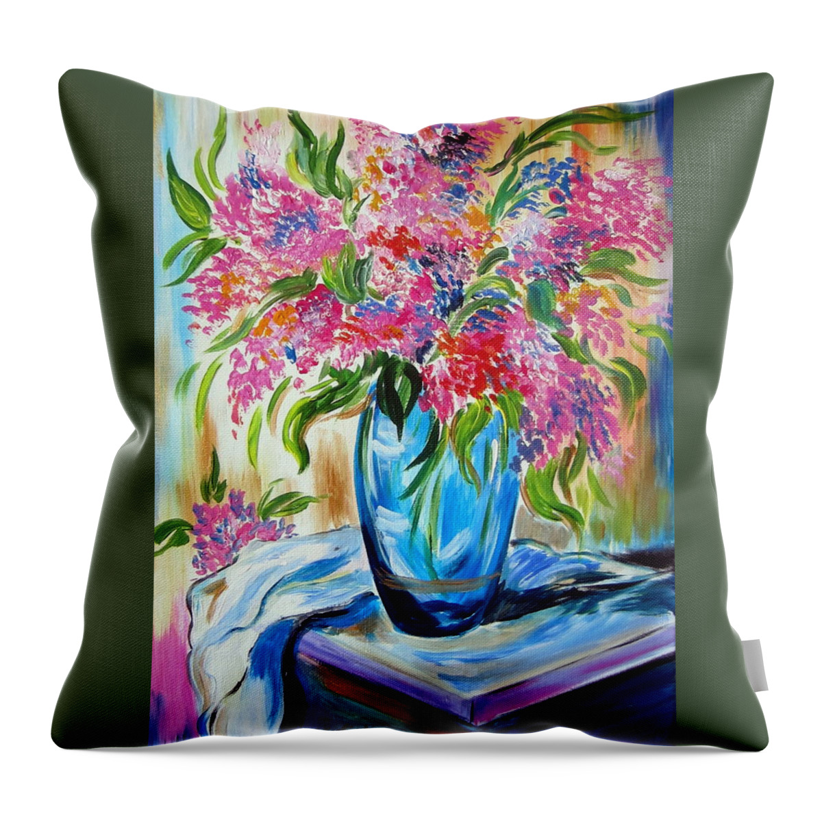 Flowers Throw Pillow featuring the painting For the love of flowers in a blue vase by Roberto Gagliardi