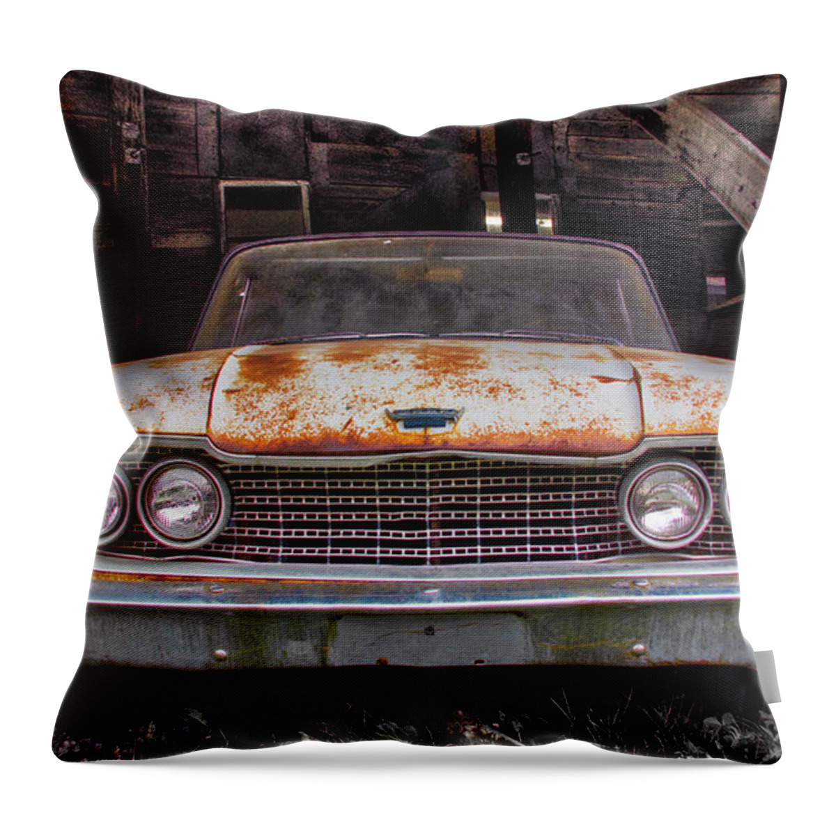 Antique Autos Throw Pillow featuring the photograph Ford In A Barn by Guy Whiteley