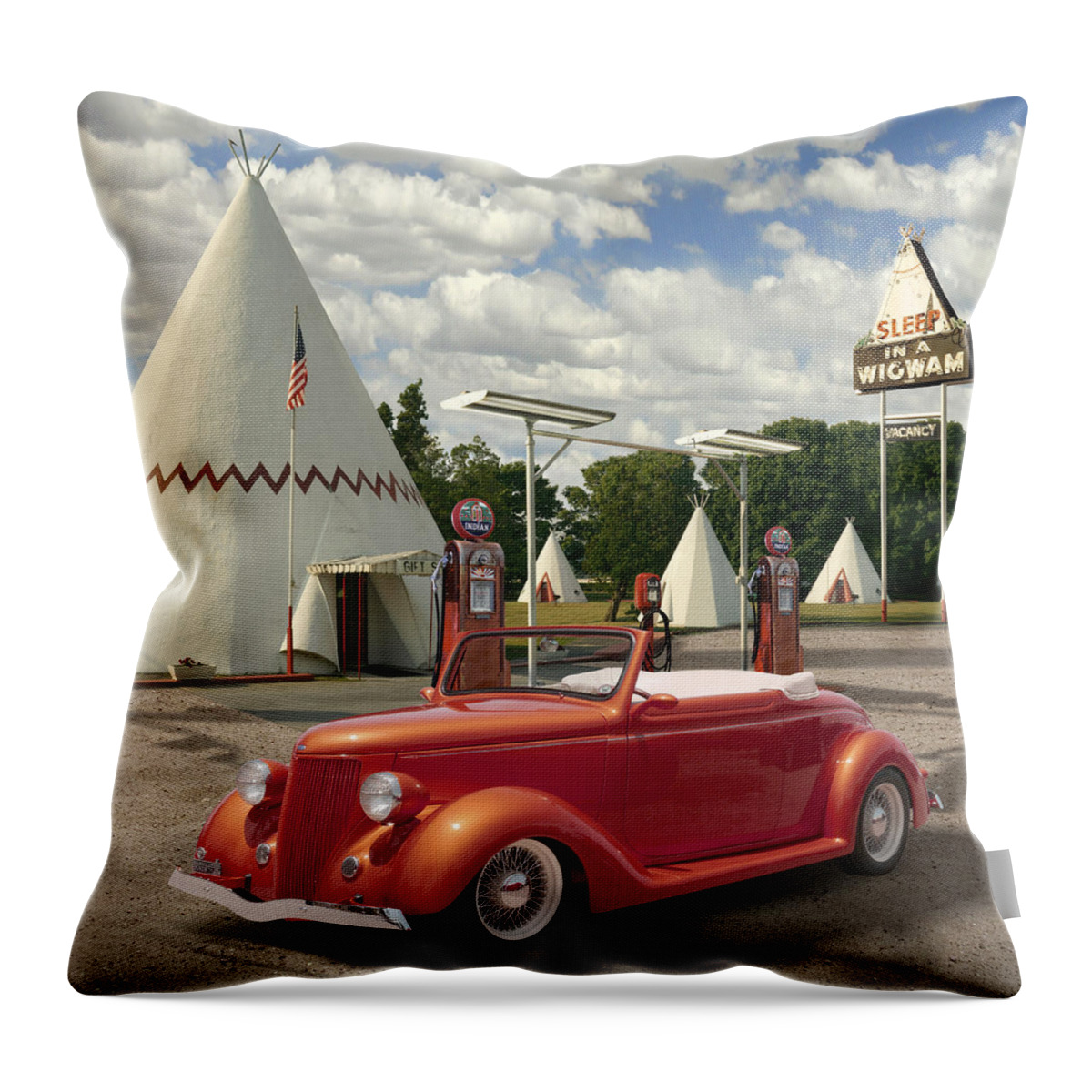 Ford Roadster Throw Pillow featuring the photograph Ford Roadster At An Indian Gas Station 2 by Mike McGlothlen