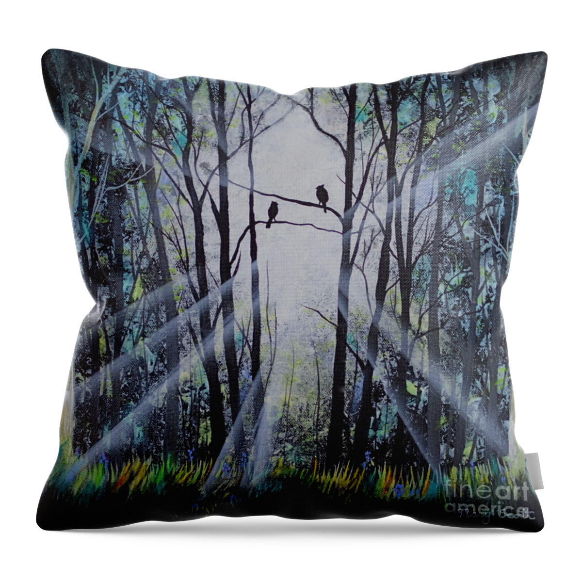 Forest Throw Pillow featuring the painting Forest Birds by Mary Scott