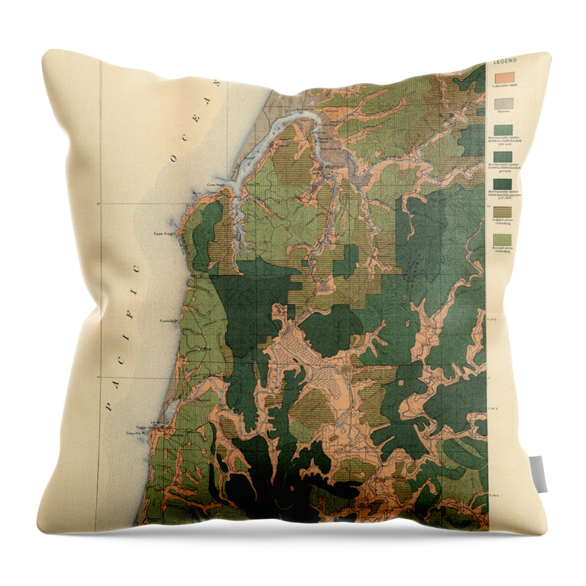 Geological Map Throw Pillow featuring the drawing Forest cover map 1886-87 - Coos bay Quadrangle - Oregon - Geological map by Studio Grafiikka