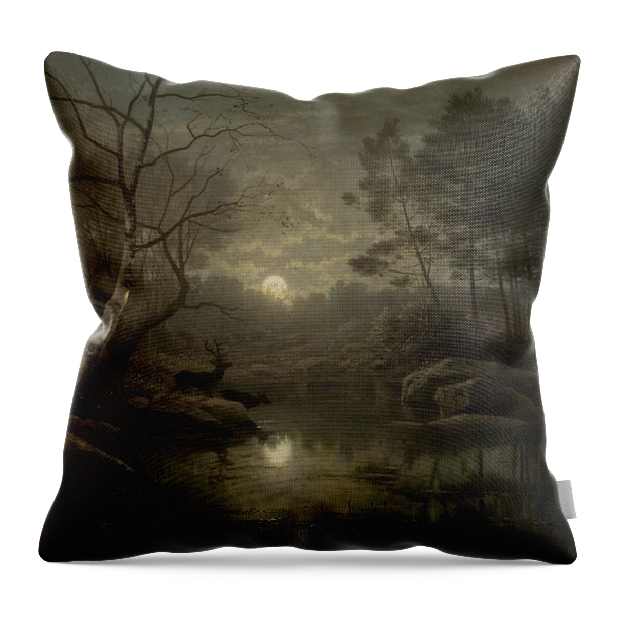 Forest Landscape In The Moonlight Throw Pillow featuring the painting Forest Landscape in the Moonlight by MotionAge Designs