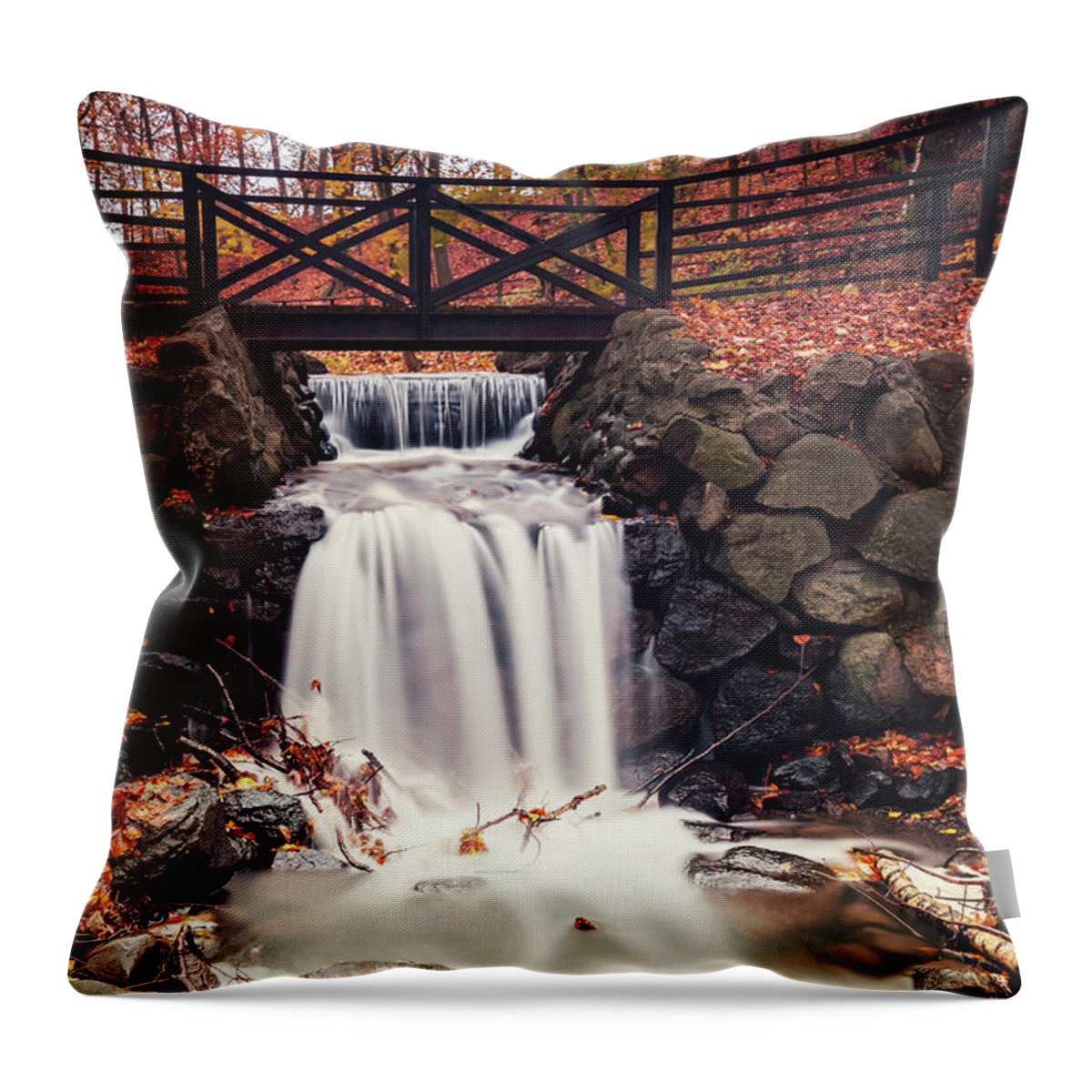 Autumn Throw Pillow featuring the photograph Forest waterfall by foot bridge by Sophie McAulay