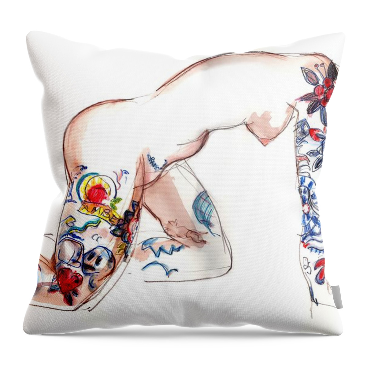 Erotic Art Throw Pillow featuring the mixed media Forever Amber - tattoed nude by Carolyn Weltman