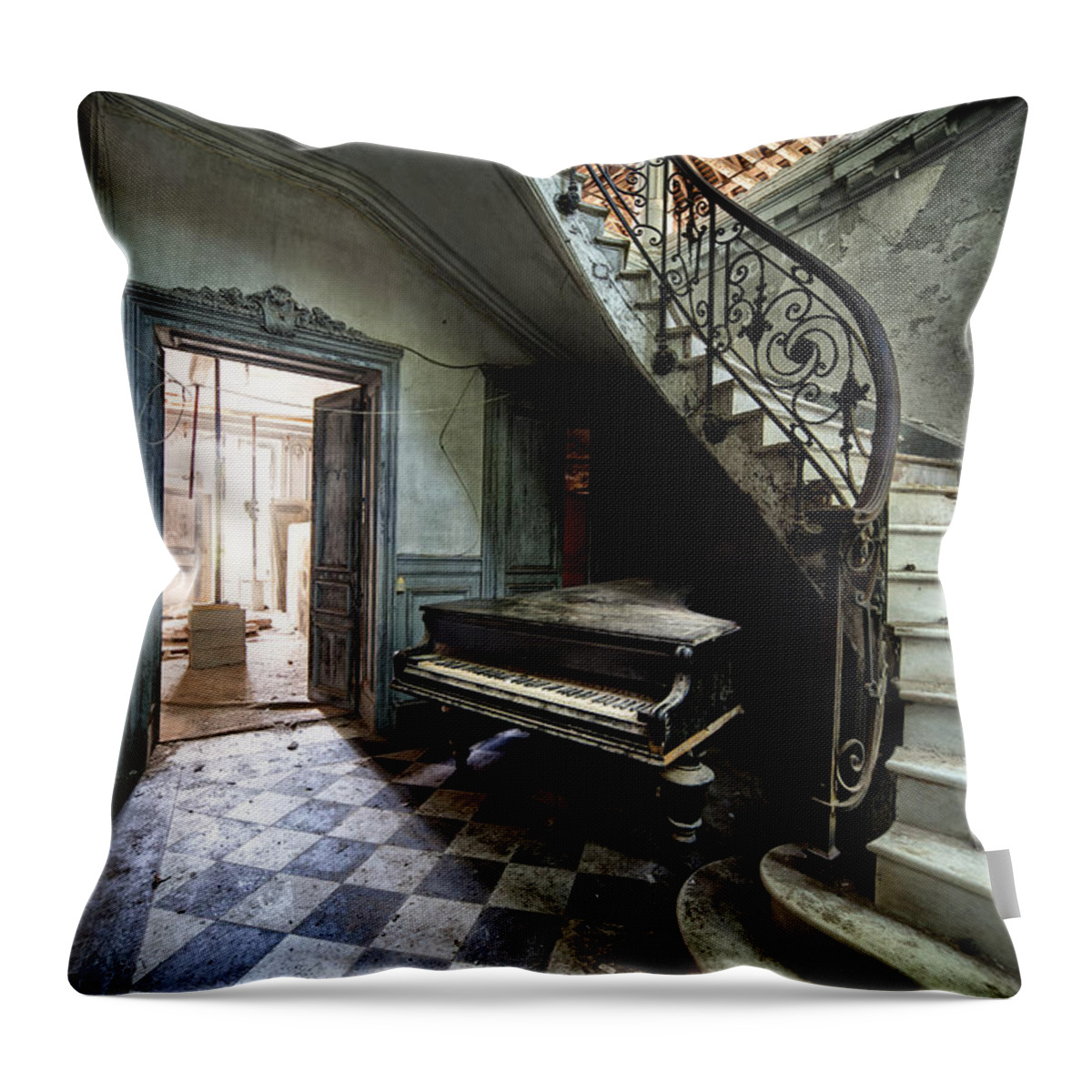 Abandoned Throw Pillow featuring the photograph Forgotten Ancient Piano - Urban Exploration by Dirk Ercken