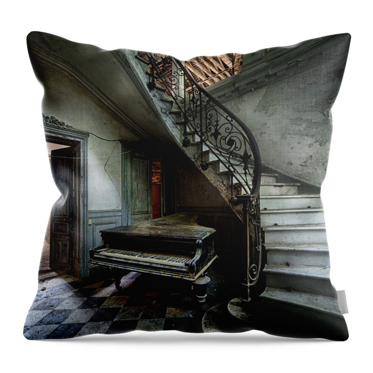 Abandoned Throw Pillow featuring the photograph The sound of decay - abandoned piano by Dirk Ercken