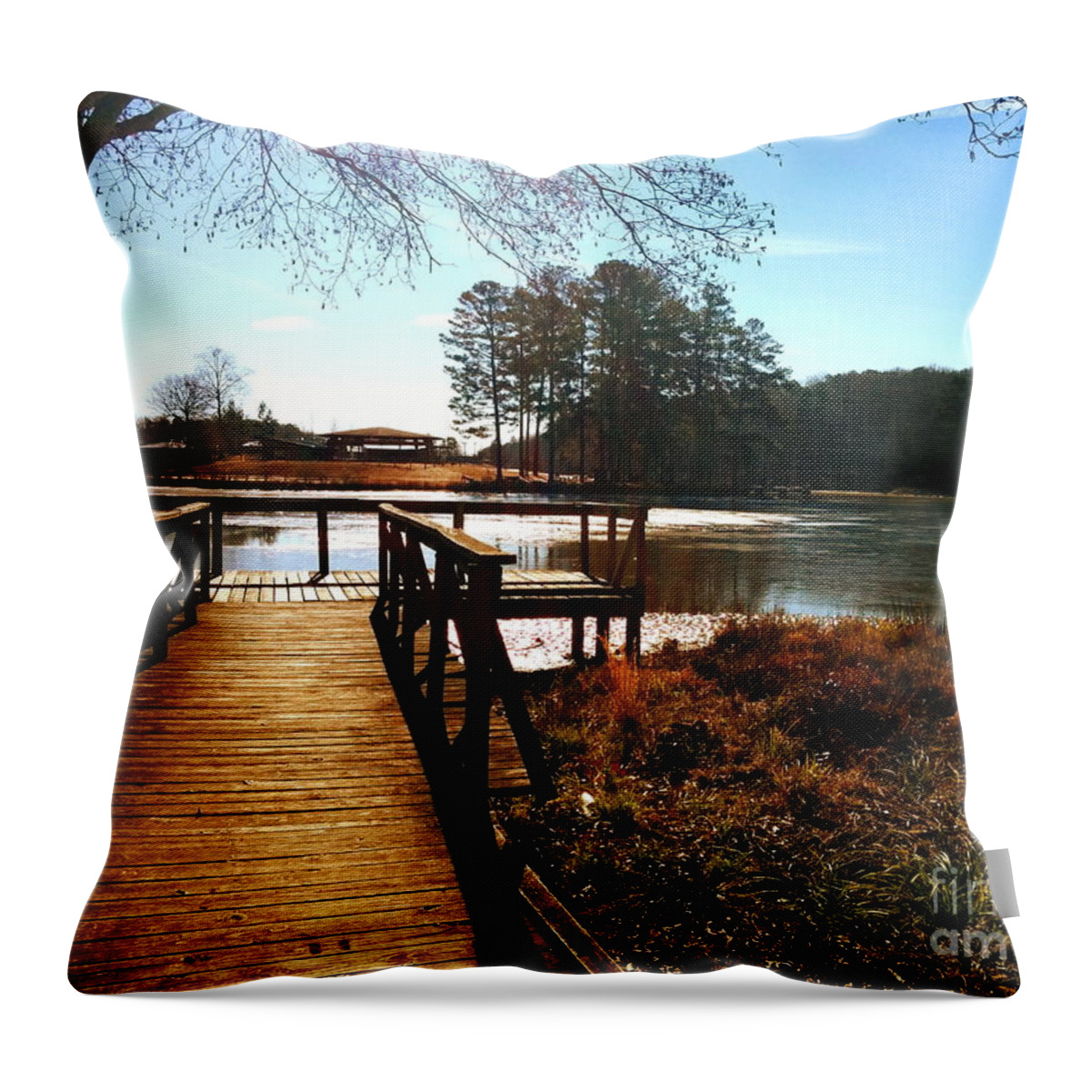 Boardwalk Throw Pillow featuring the photograph Fort Yargo Boardwalk by Cat Rondeau