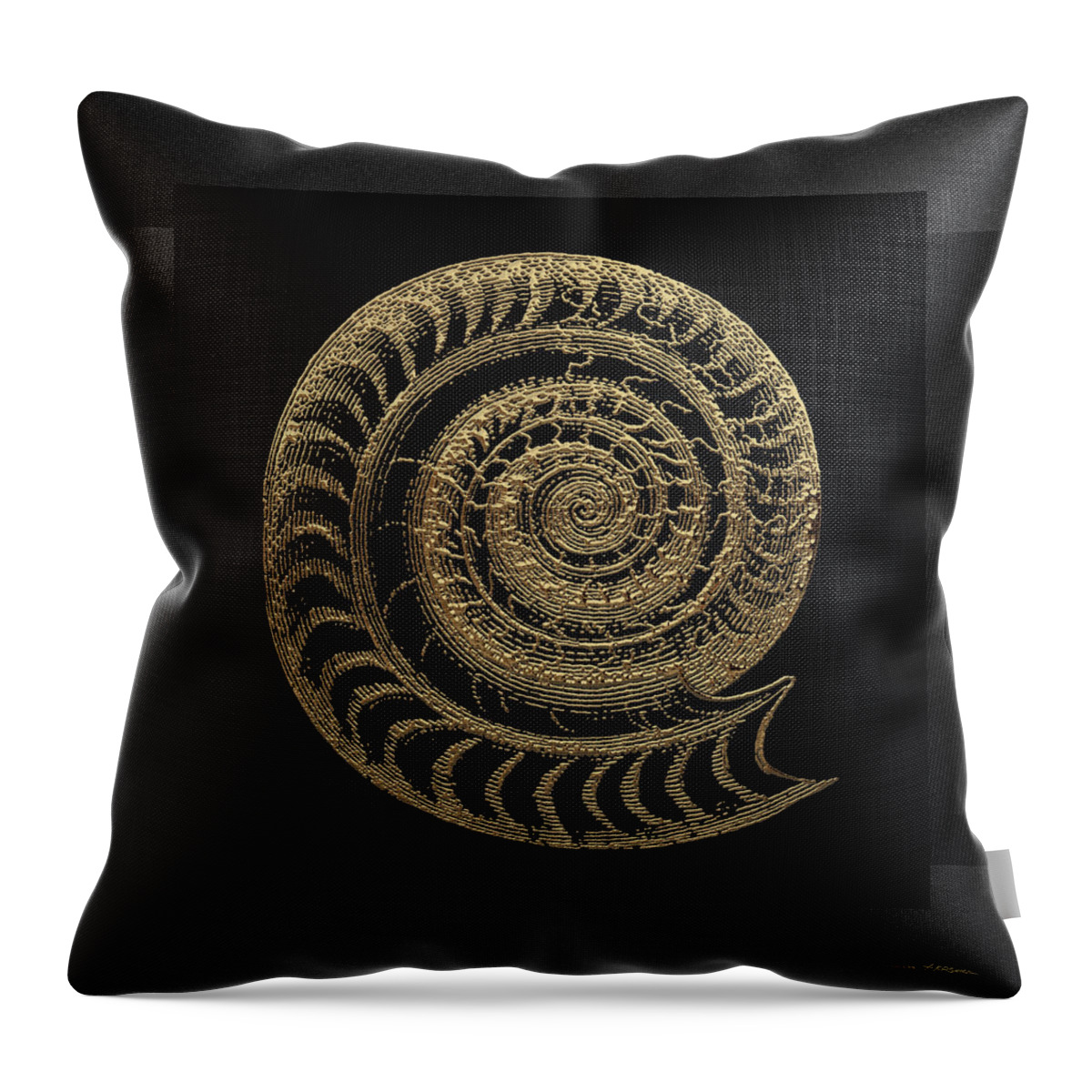 'fossil Record' Collection By Serge Averbukh Throw Pillow featuring the digital art Fossil Record - Golden Ammonite Fossil on Square Black Canvas # by Serge Averbukh