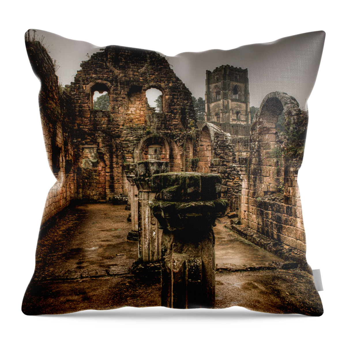 Europe Throw Pillow featuring the photograph Fountains Abbey in Pouring Rain by Dennis Dame