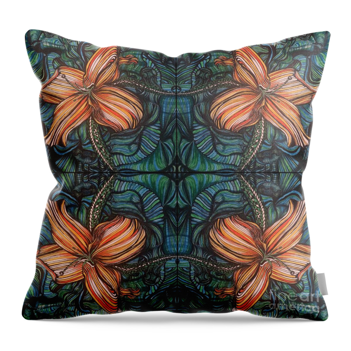 Orange Throw Pillow featuring the drawing Four Lilies Leaf to Leaf by Mastiff Studios