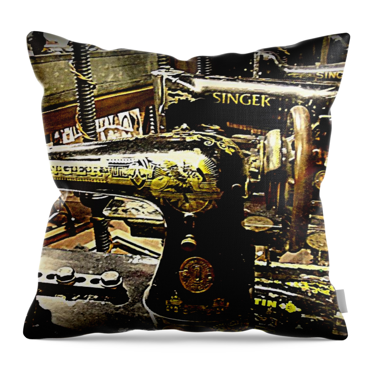 Old Sewing Machines Throw Pillow featuring the photograph Four Old Singers by Randall Weidner