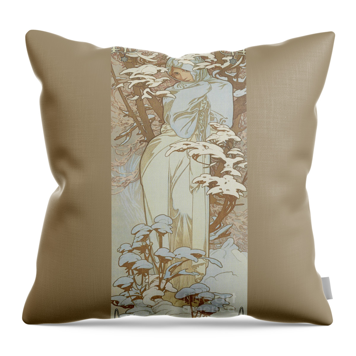 Wintry Throw Pillow featuring the painting Four Seasons Winter, 1900 by Alphonse Marie Mucha