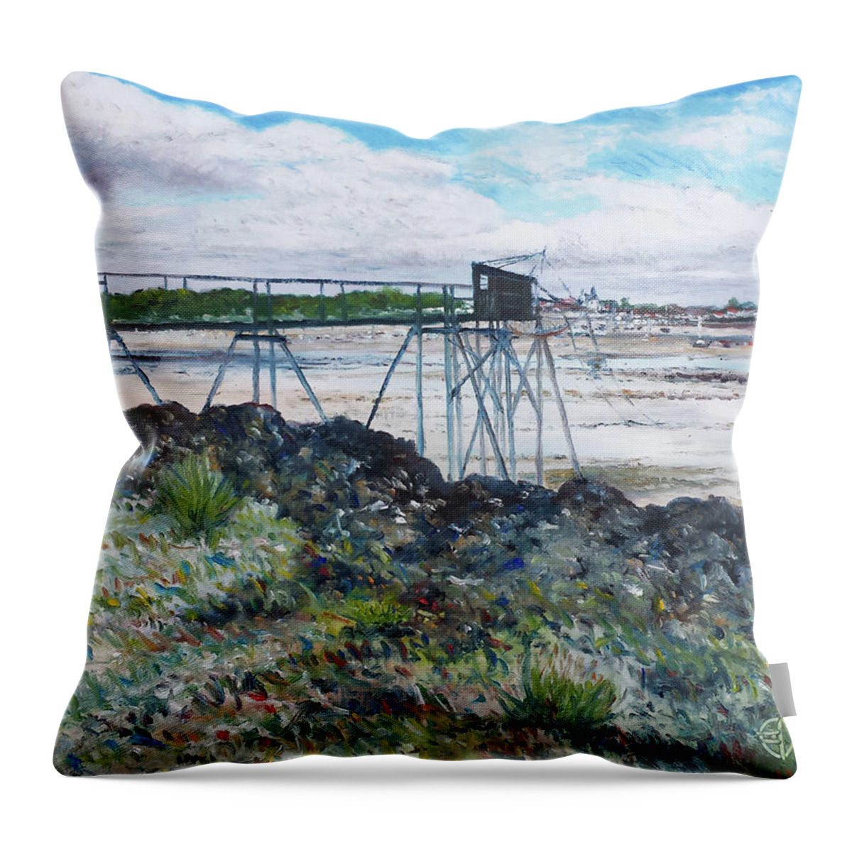 Landscape Throw Pillow featuring the painting Fouras village La Rochelle France 2016 by Enver Larney