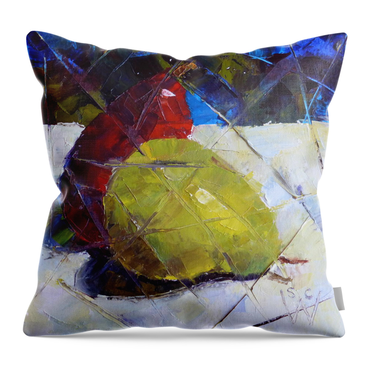 Still Life Throw Pillow featuring the painting Fractured Pears by Susan Woodward