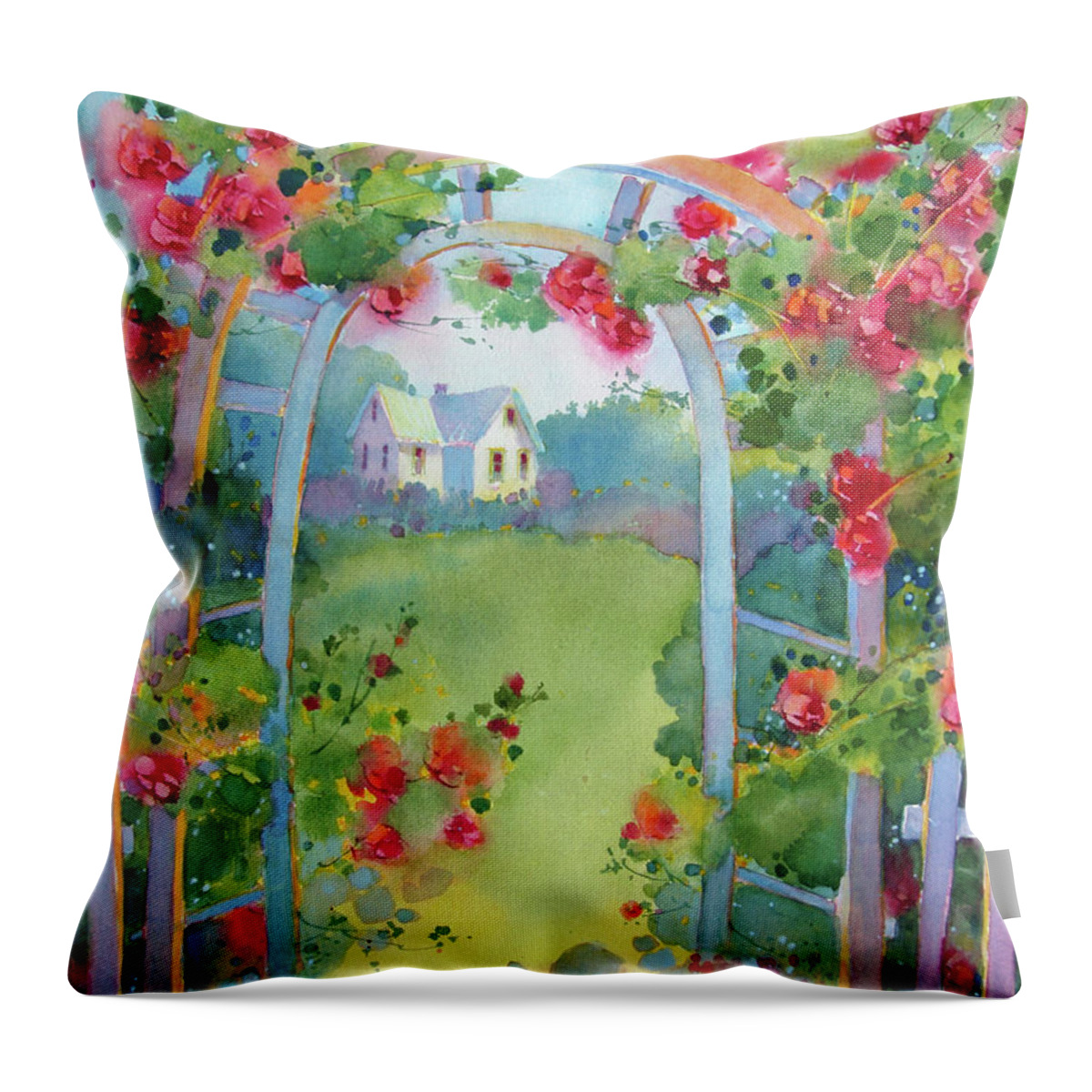 Rose Trellis Throw Pillow featuring the painting Framed by the Roses by Joyce Hicks