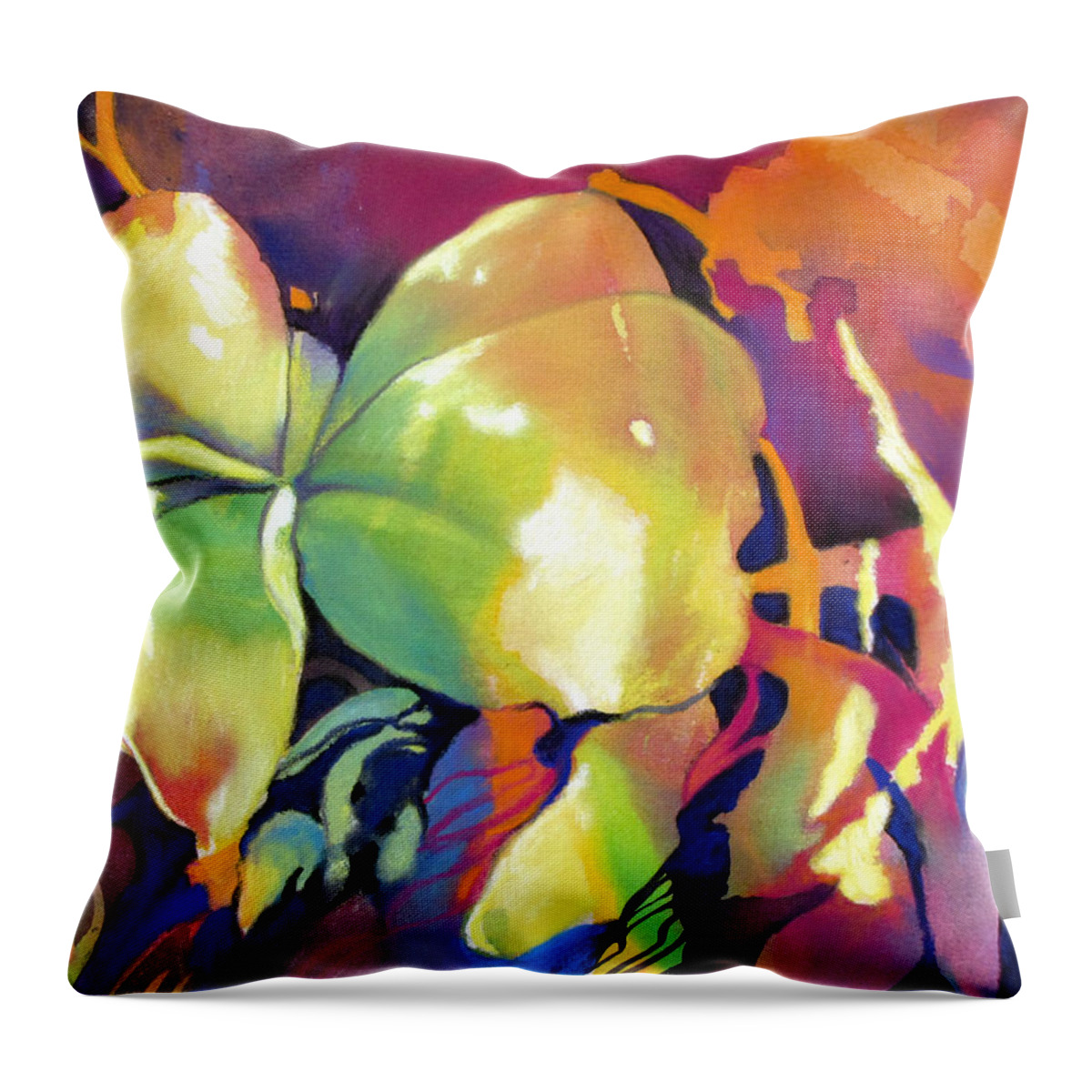 Abstract Throw Pillow featuring the painting Frangipani Fantasy by Rae Andrews