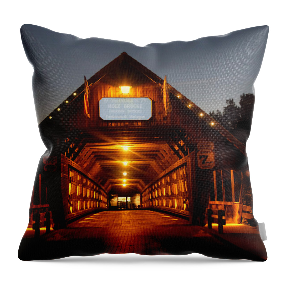 Frankenmuth Throw Pillow featuring the photograph Frankenmuth Covered Bridge by Pat Cook