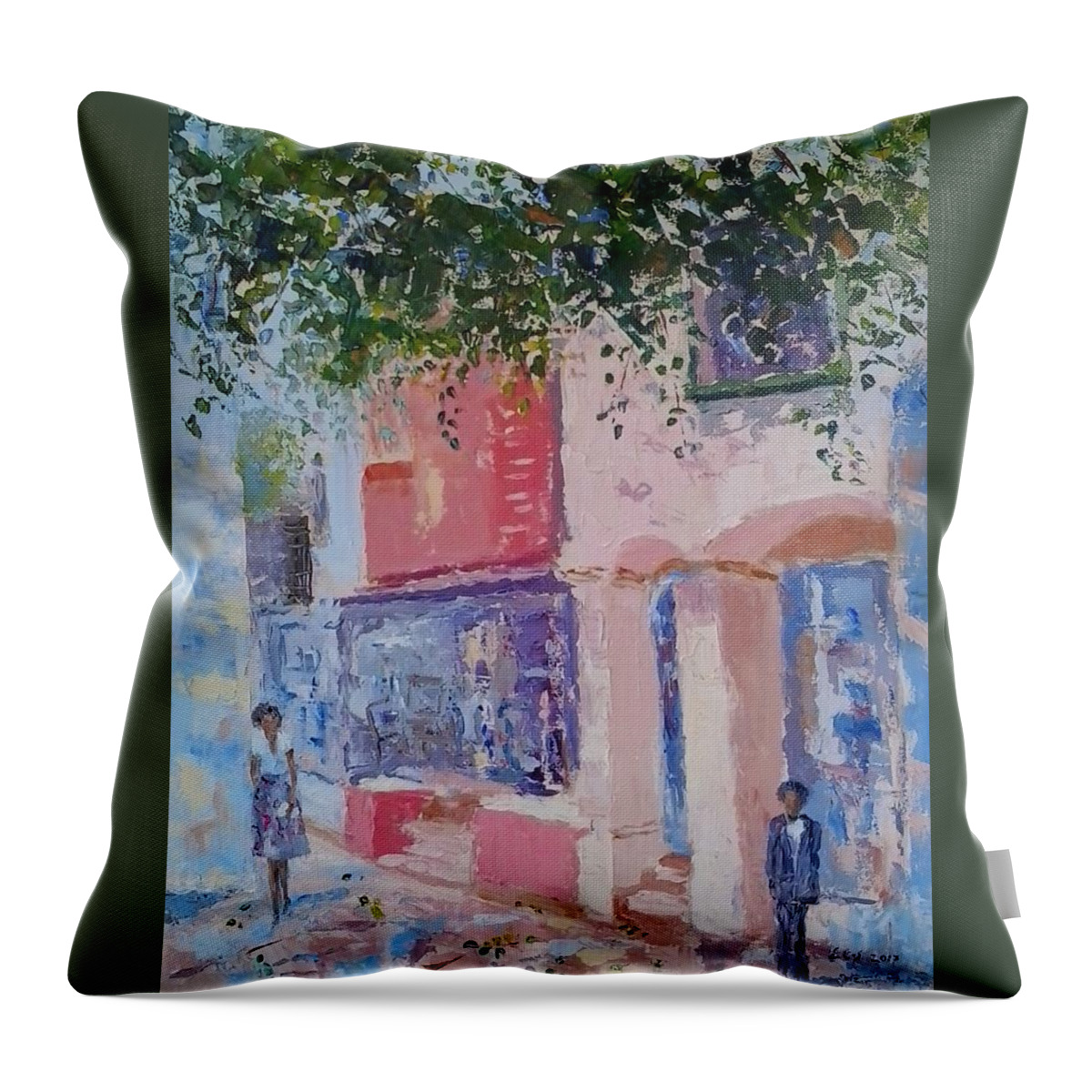 Dark Green Tree Leaves Throw Pillow featuring the painting Franschhoek Courtyard by Elinor Fletcher