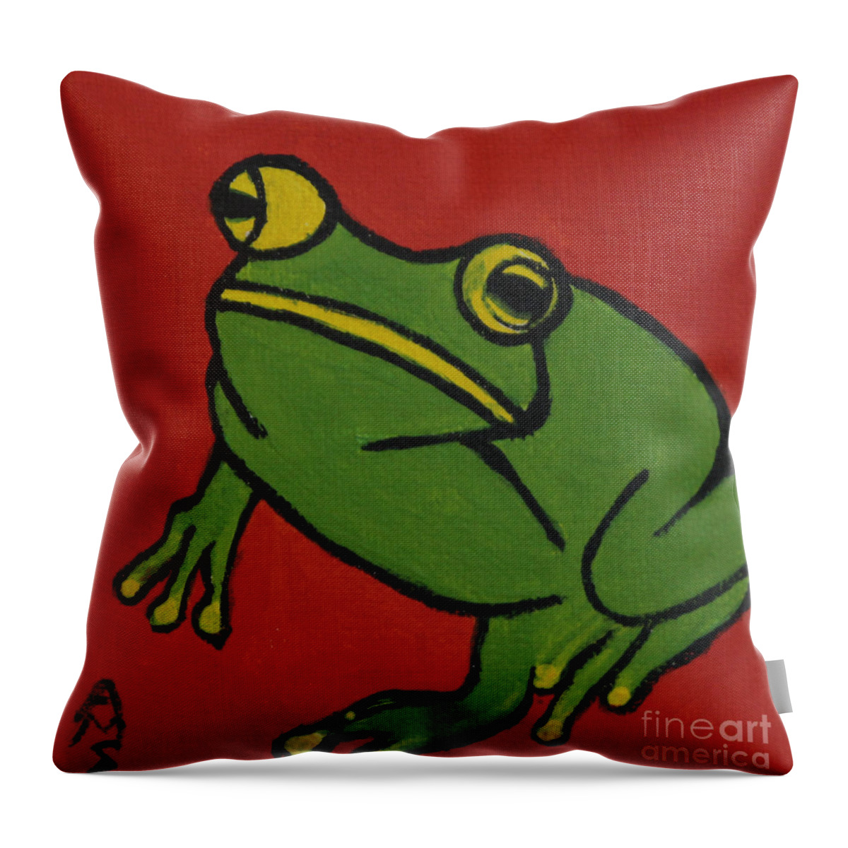 Green Throw Pillow featuring the painting Fred the Frog by Annette M Stevenson