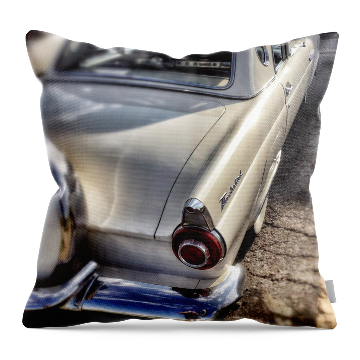 Wall Art Poster Blackandwhite Bw Bnw Black White Car Automotive Mobile Travel Road Classic Old Antique Thunderbird Ford Dreamy Roadshow Carshow Throw Pillow featuring the photograph Fred Tthunderbird 4 by Andrew Rhine