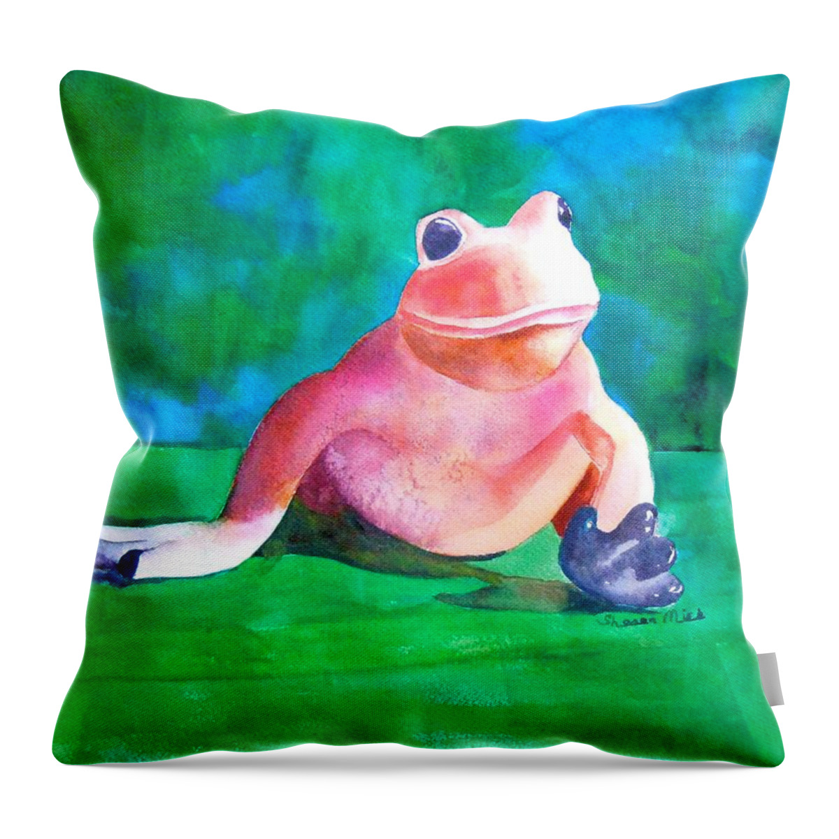 Frog Throw Pillow featuring the painting Freddy the Frog by Sharon Mick