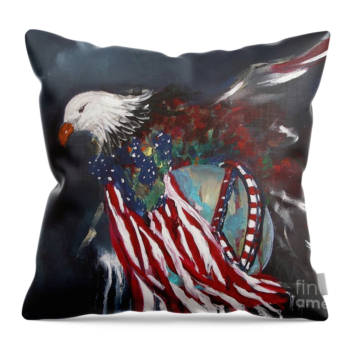 Freedom Rings Eagle American Flag Dark Red White Symbol Abstract Painting Print Peace World Earth Usa Bird Fly Wings Sky American Nation Pride Miroslaw Chelchowski American Eagle Throw Pillow featuring the painting Freedom Rings by Miroslaw Chelchowski