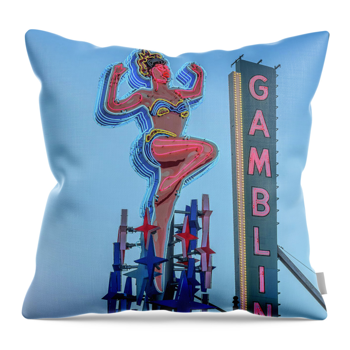Lucky Lady Throw Pillow featuring the photograph Fremont Street Lucky Lady and Gambling Neon Signs by Aloha Art