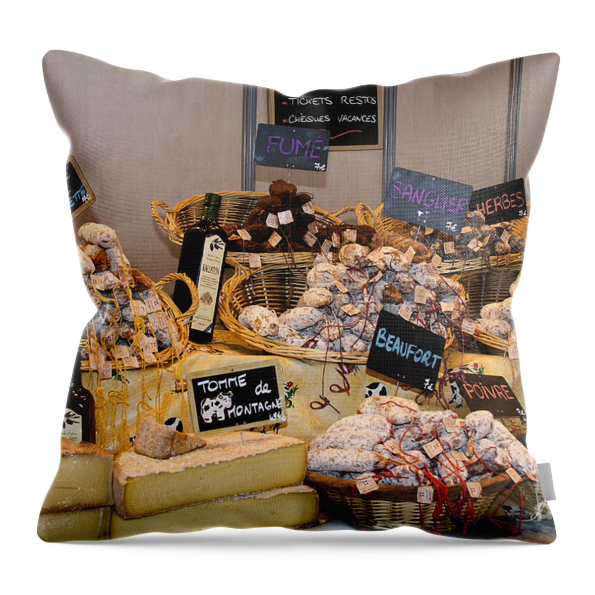 French Sausage And Cheese Throw Pillow featuring the photograph French Sausage and Cheese by Victoria Harrington