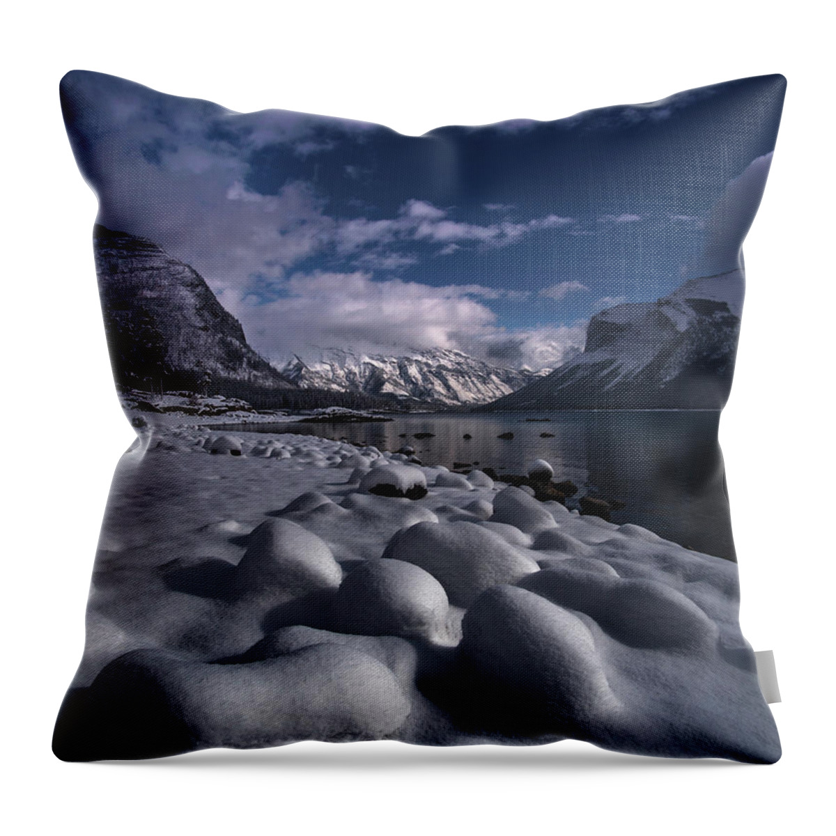 Banff Throw Pillow featuring the photograph Fresh Snow at Lake Minnewanka by Cale Best