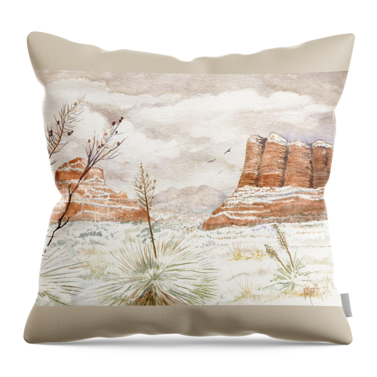 Bell Rock Throw Pillow featuring the painting Fresh Snow On Bell Rock by Marilyn Smith