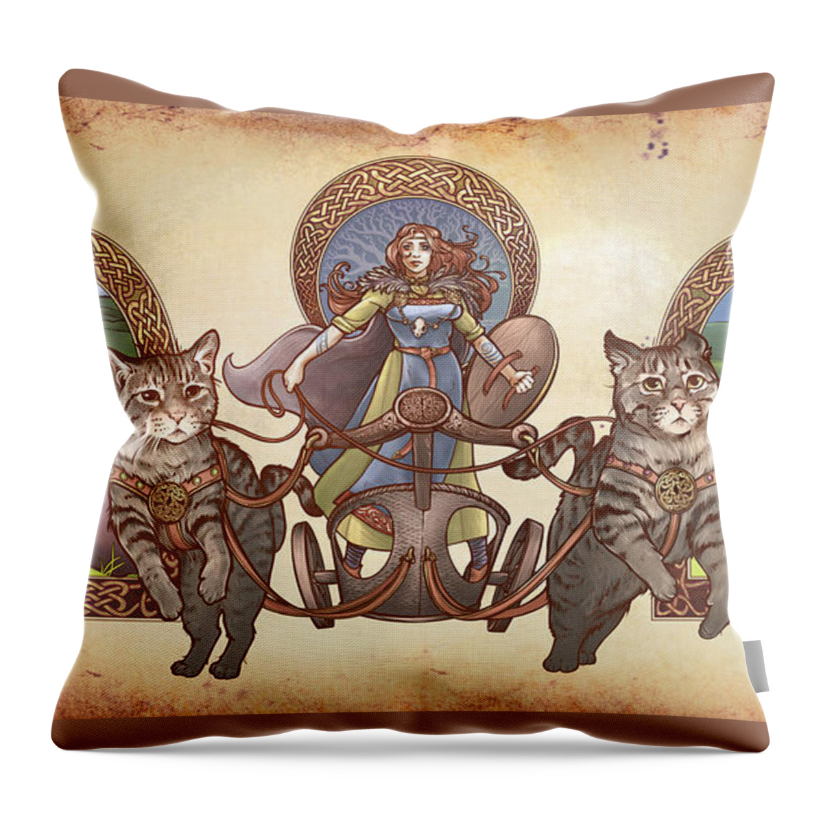 Freya Throw Pillow featuring the digital art Freya Driving Her Cat Chariot - Triptic Garbed version by Danielle Zemba