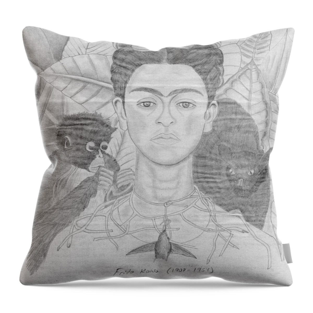 Graphite Throw Pillow featuring the drawing Frida Khalo by Martin Valeriano