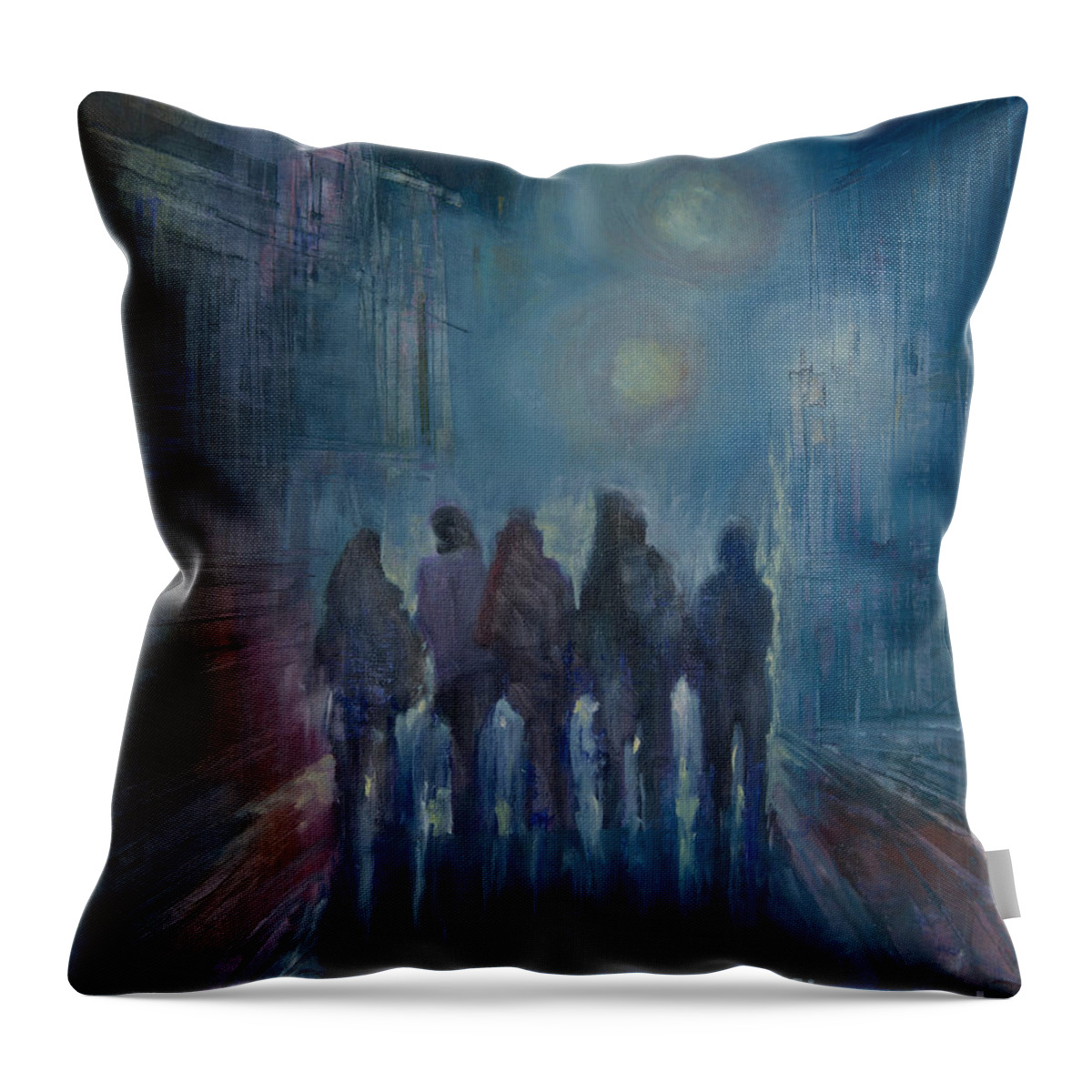 Friends Is A Night Painting Of A Group Of Five Friends Out For A Walk In The City Throw Pillow featuring the painting Friends by B Rossitto