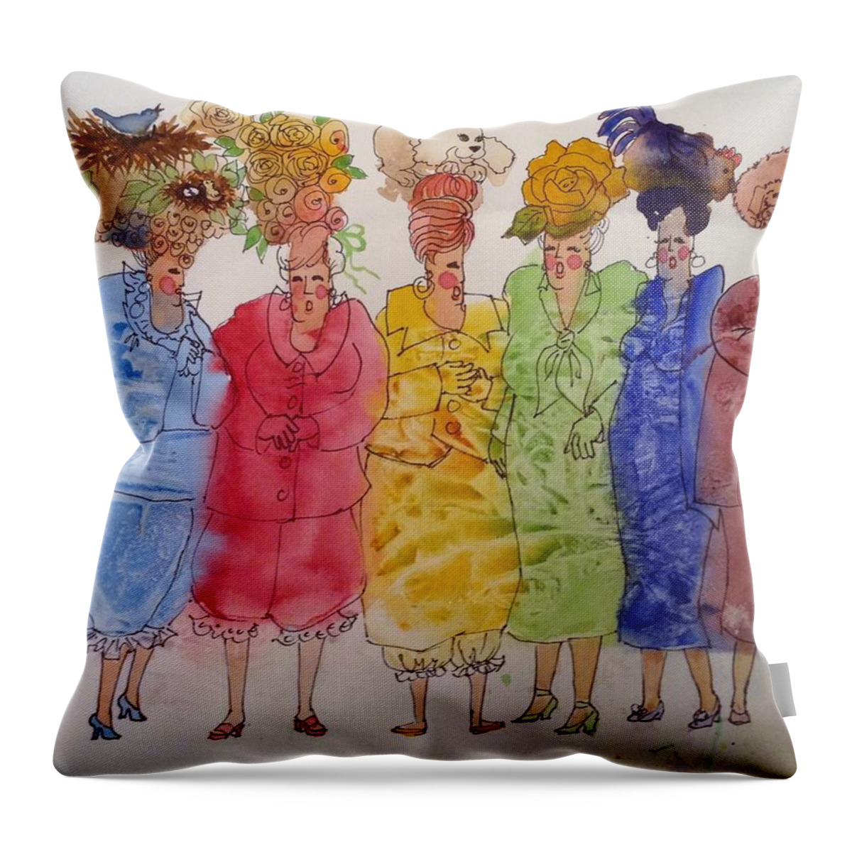 Women Throw Pillow featuring the painting The Crazy Hat Society by Marilyn Jacobson