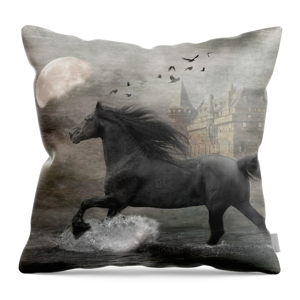 Black Horse Throw Pillow featuring the digital art Friesian Fantasy by Fran J Scott