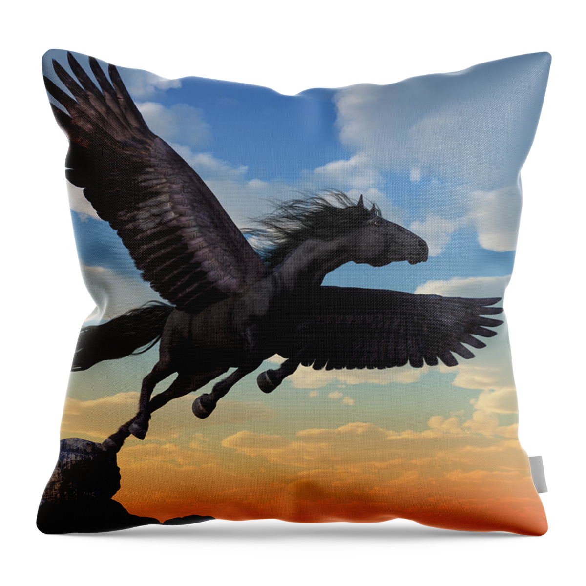 Black Pegasus Throw Pillow featuring the digital art Friesian Pegasus by Daniel Eskridge