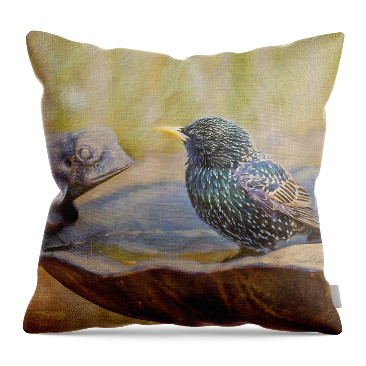 Starling Throw Pillow featuring the photograph Frog and Bird by Cathy Kovarik